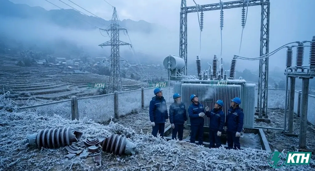 Trạm biến áp 22kV tại vùng núi phía Bắc Việt Nam bị nứt vỡ sứ cách điện do sốc nhiệt và sương muối vào sáng sớm.