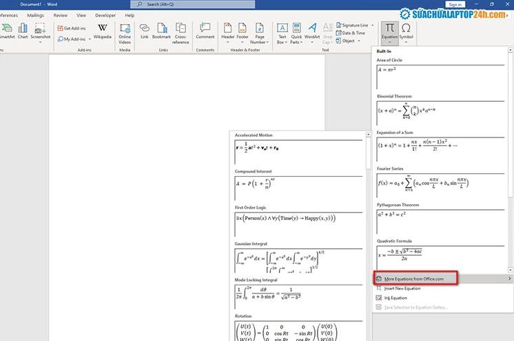Chọn More Equation Office.com để tìm kiếm thêm công thức