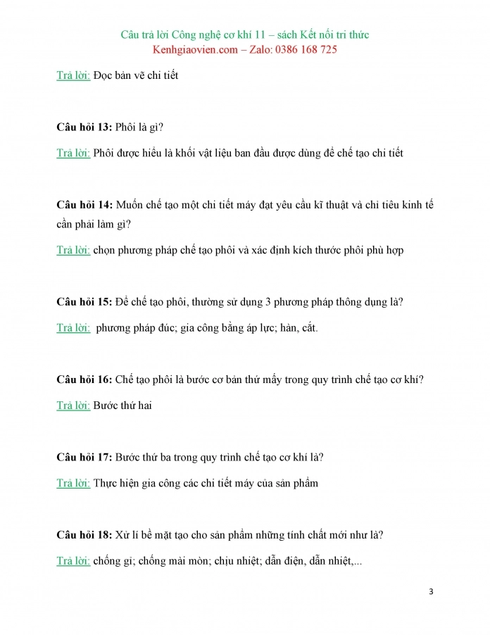 Trắc nghiệm dạng câu trả lời ngắn Công nghệ 11 Công nghệ cơ khí Kết nối tri thức