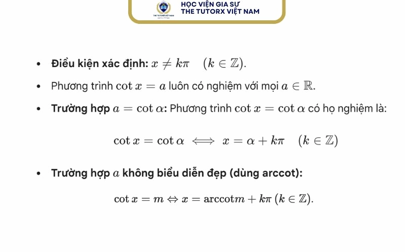 Công thức giải phương trình cotx = a